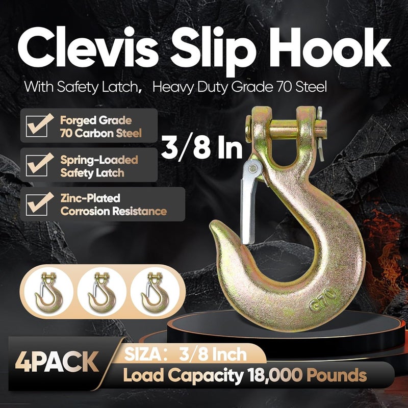 Terixe 4 Pack 3/8 Inch Clevis Slip Hook with Safety Latch - Heavy Duty Grade 70 Steel for Trailer Chains, Winch, Tow, 18,000 Lbs - Image 2